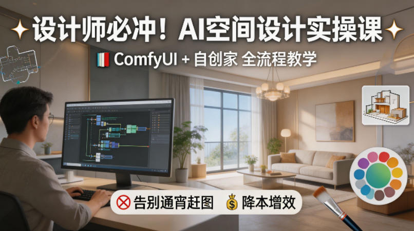 设计师必冲！AI空间设计实操课，ComfyUI+自创家全教学，告别通宵赶图，降本增效