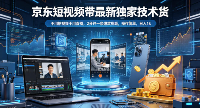 京东短视频带货最新独家技术,不用拍视频不用直播,2分钟一条爆款视频,操作简单,日入1k+【揭秘】