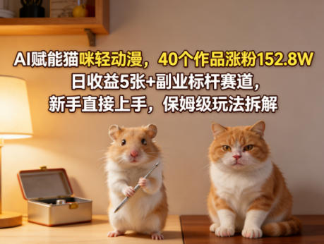 AI赋能猫咪轻动漫,40个作品涨粉152.8W,日收益5张+副业标杆赛道,新手直接上手,保姆级玩法拆解
