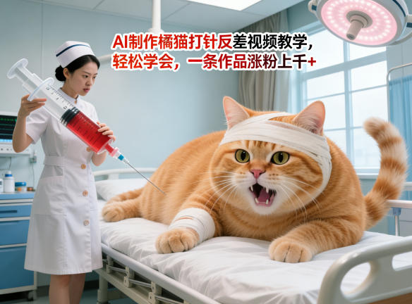AI制作橘猫打针反差视频教学,轻松学会,一条作品涨粉上千+