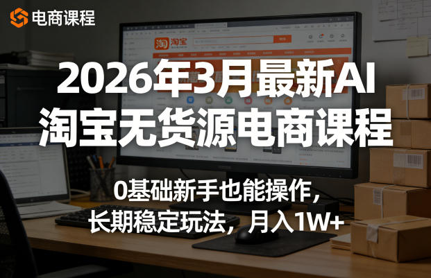 2026年3月最新AI淘宝无货源电商课程,0基础新手也能操作,长期稳定玩法,月入1W+