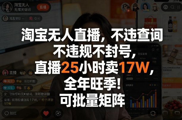 淘宝无人直播,不违规不封号,直播25小时卖17W,全年旺季!可批量矩阵【揭秘】