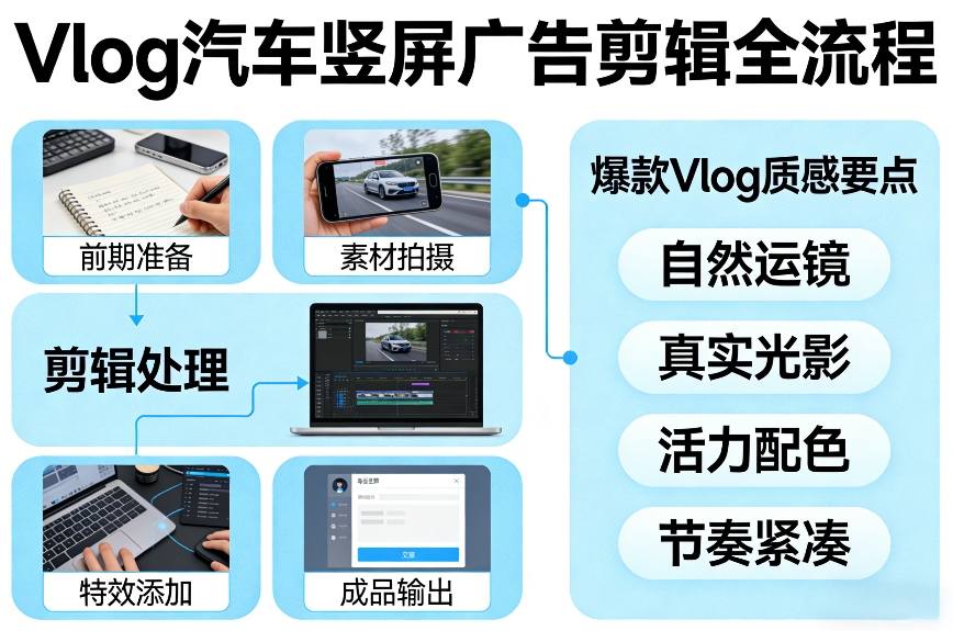 Vlog感觉汽车竖屏广告剪辑脚本全流程,拿捏爆款Vlog质感