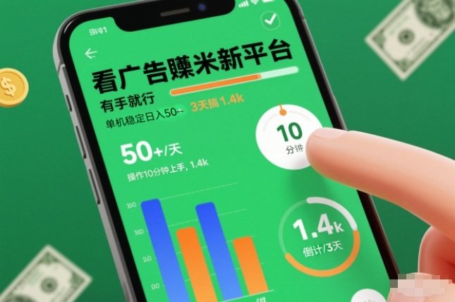 看广告賺米新平台,有手就行,单机稳定日入50+,操作10分钟上手,3天搞了1.4k【揭秘】