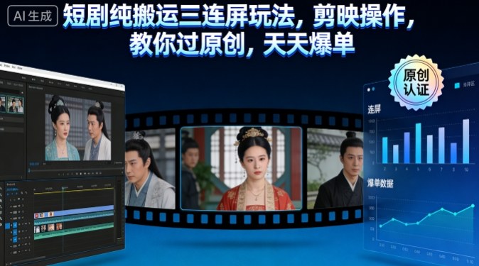 短剧纯搬运三连屏玩法,剪映操作,教你过原创,天天爆单
