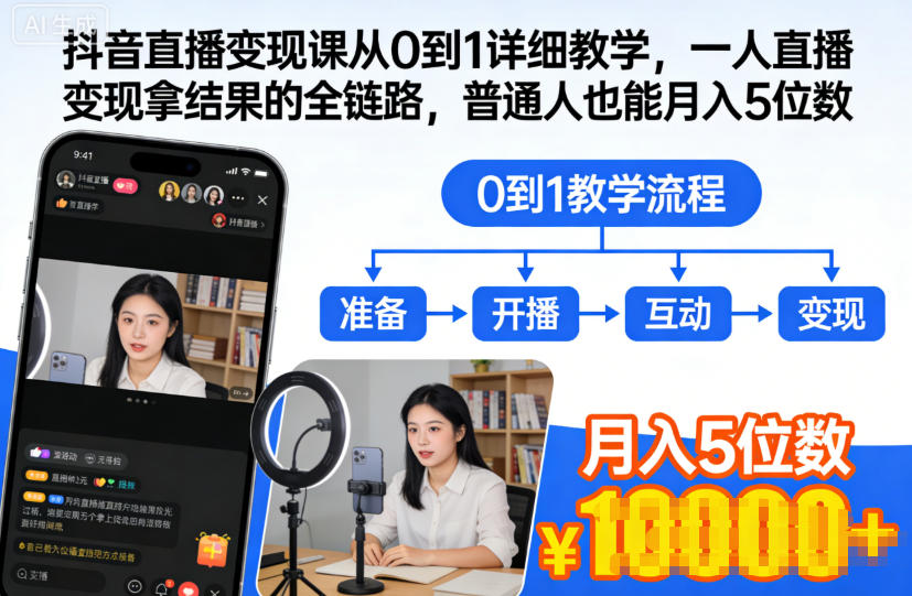 抖音直播变现课从0到1详细教学,一人直播变现拿结果的全链路,普通人也能月入5位数