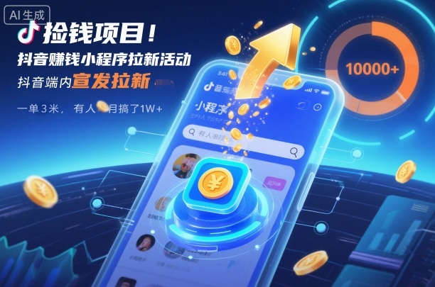 捡钱项目!抖音賺钱小程序拉新活动,抖音端内宣发拉新,一单3米,有人半个月搞了1W+