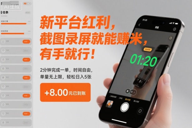 新平台红利,截图录屏就能賺米,有手就行!2分钟完成一单,时间自由,单量无上限,轻松日入5张【揭秘】