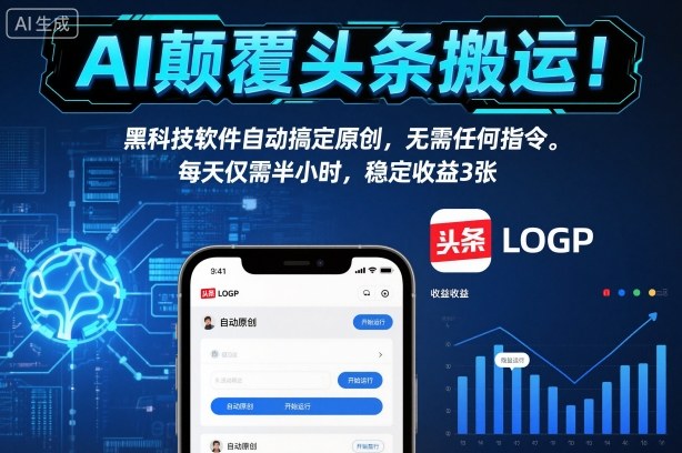 AI颠覆头条搬运！黑科技软件自动搞定原创，无需任何指令。每天仅需半小时，稳定收益3张【揭秘】