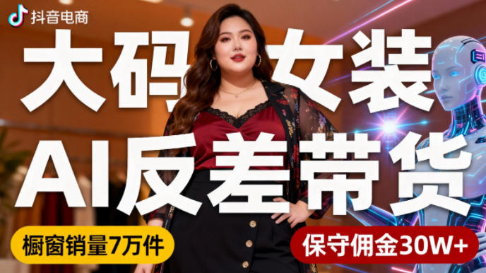 抖音小众赛道,大码女装AI反差带货,不用直播,每天6条作品,橱窗卖7万件,保守佣金30W+