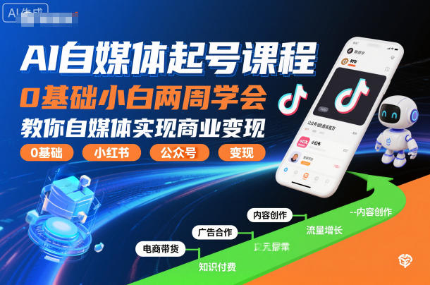 AI自媒体起号课程,0基础小白两周学会,教你自媒体实现商业变现