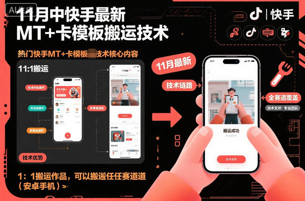 11月中快手最新MT+卡模板搬运技术,1:1搬运作品,可以搬运任何赛道(安卓手机)