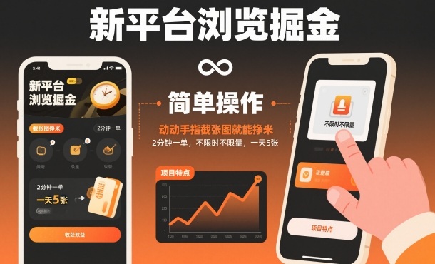 新平台浏览掘金,动动手指截张图就能挣米,2分钟一单,不限时不限量,一天5张【揭秘】