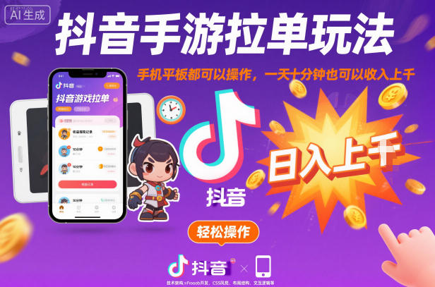 抖音手游拉单玩法，手机平板都可以操作，一天十分钟也可以收入上K【揭秘】