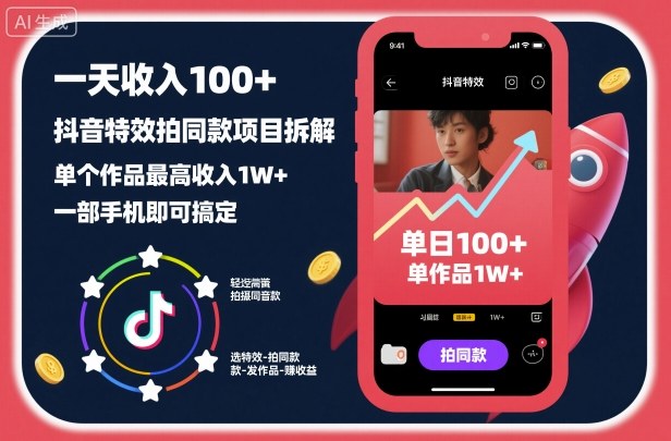 一天收入100+，抖音特效拍同款项目拆解，单个作品最高收入1W+，一部手机即可搞定