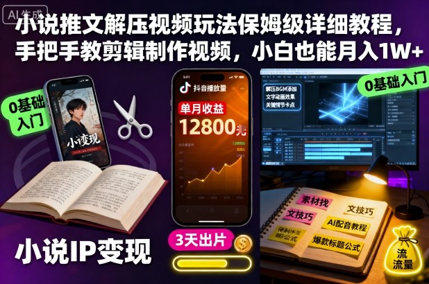 小说推文解压视频玩法保姆级详细教程，手把手教剪辑制作视频，小白也能月入1W+