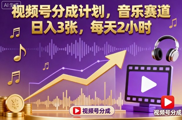 视频号分成计划,音乐赛道,日入3张,每天2小时