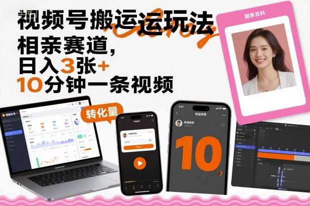 视频号搬运玩法，相亲赛道，日入3张+，10分钟一条视频