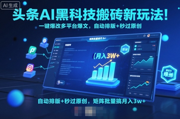 头条AI黑科技搬砖新玩法!一键爆改多平台爆文,自动排版+秒过原创,矩阵批量搞月入3w+【揭秘】