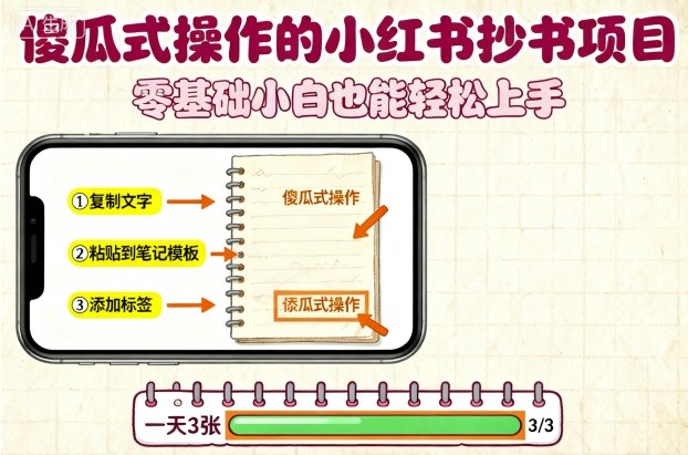 傻瓜式操作的小红书抄书项目，会复制粘贴就行，零基础小白也能一天3张