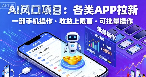 AI风口项目，各类APP拉新，一部手机就可以操作，收益上限高，可批量操作