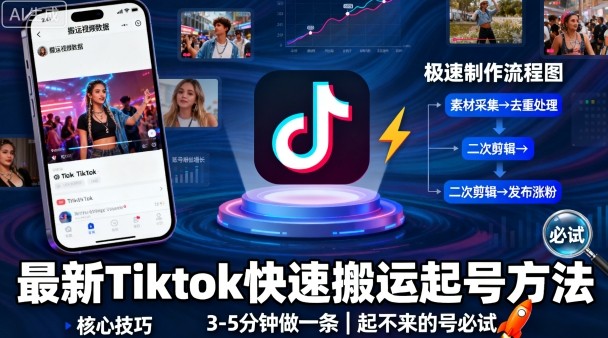 最新Tiktok快速搬运快速起号方法,3-5分钟做一条,起不来的号可以试试