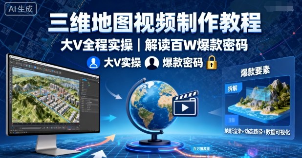三维地图视频制作教程,大V全程实操,解读百W爆款密码