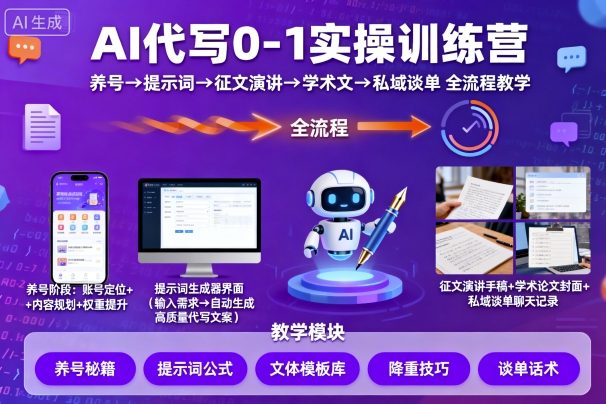 AI代写0-1实操训练营,从养号、提示词、征文演讲、学术文,到私域谈单的全流程教学