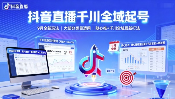 抖音直播千川全域起号，9月全新玩法，大部分类目适用，随心推以及千川全域最新打法