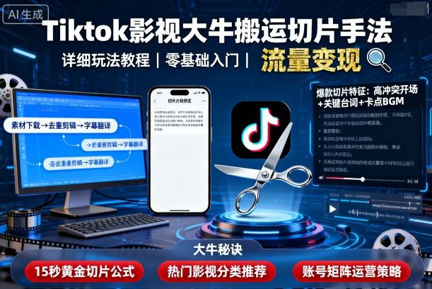 Tiktok影视大牛搬运切片手法,详细玩法教程
