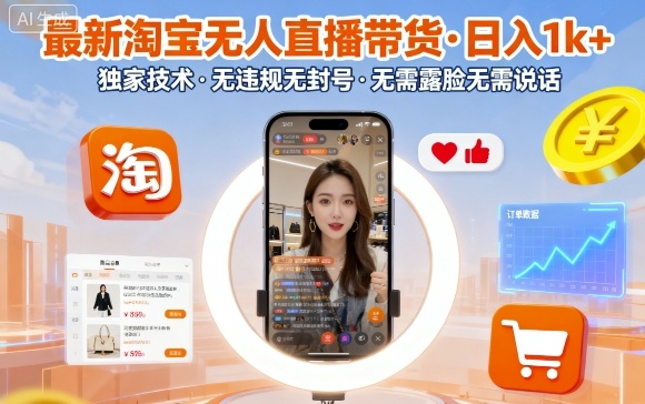 最新淘宝无人直播带货,日入1k+,独家技术,无违规无封号,无需露脸无需说话【揭秘】