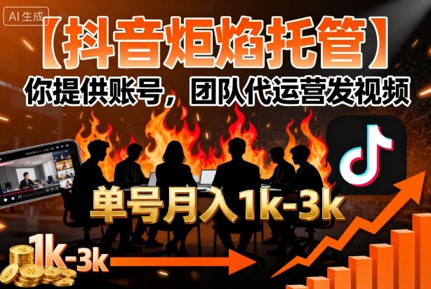 【抖音炬焰托管】你提供账号，团队代运营发视频，单号月入1k+【揭秘】
