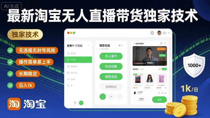 最新淘宝无人直播带货独家技术,无违规无封号风险,操作简单易上手,长期稳定日入1k【揭秘】