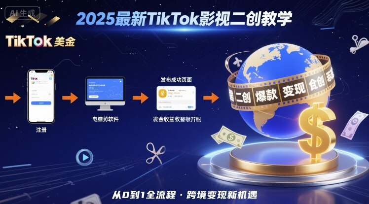 2025年最新TikTok影视二创教学，从注册到发布撸美金全流程，跨境变现新机遇