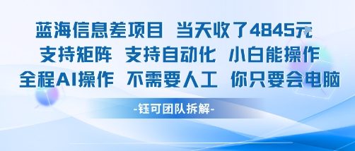 蓝海信息差项目当天收米1k+ 支持矩阵支持自动化小白能操作全程AI操作不需要人工你只要会电脑