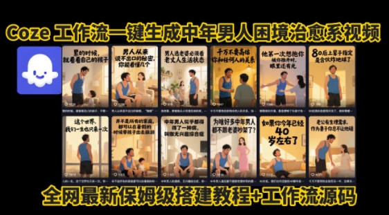 coze工作流一键生成”中年男人困境扎心高涨粉高播放量图文视频”保姆级拆解教程,无需剪辑,无需拍摄写文案