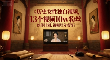 历史女性独白视频，13个视频10w粉丝，伙伴计划，视频号分成等