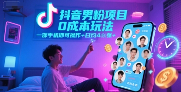 抖音男粉项目0成本玩法，一部手机即可操作，日均4张+，时间自由