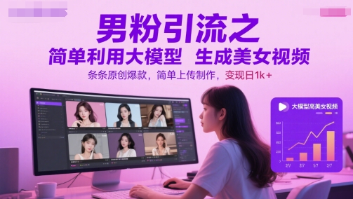 男粉引流之简单利用大模型生成美女视频,条条原创爆款,简单上传制作,变现日1k+
