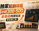 独家短剧项目，5小时300-500，全自动托管玩法，附全套工具【揭秘】
