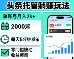 头条托管躺賺玩法，单账号月入2k+，每天5分钟发布即可，零门槛被动收益项目【揭秘】