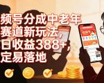 视频号分成中老年人赛道新玩法，单日收益388，稳定易落地