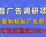 抖音广告调研项目，会复制粘贴广告即可，任务没有上限，日收益稳定5张【揭秘】