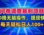 问卷调查暴利项目，0撸无脑操作，提现快，每天轻松日入100+【揭秘】