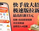 快手放大招！极速版拉新，最高拉新15米，拉新+拉旧双双结算，次日见收益，全职日入4位数