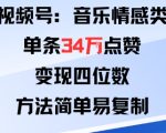 视频号分成计划新玩法：音乐情感类单条34W点赞，变现四位数，方法简单易复制