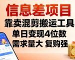 信息差项目，靠卖混剪搬运工具，单日变现4位数，需求量大，复购强，操作简单，几分钟一条视频