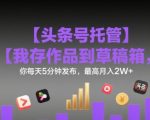 【头条号托管 】我存作品到草稿箱，你每天5分钟发布，最高月入2W+【揭秘】