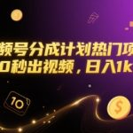 视频号分成计划热门项目，10秒出视频，日入1k+【揭秘】