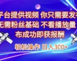 平台提供视频，你只需要发布， 无需粉丝基础，不看播放量，发布成功即获报酬，日入3张【揭秘】